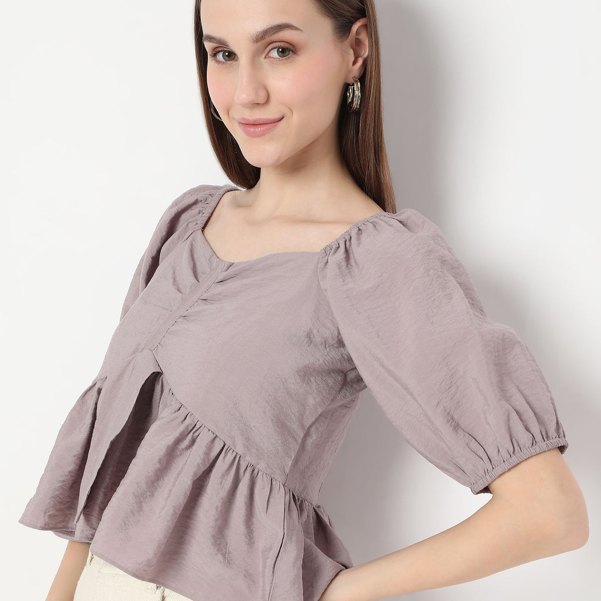 Sweetheart Neck Back Ruched Smocking Peplum Top