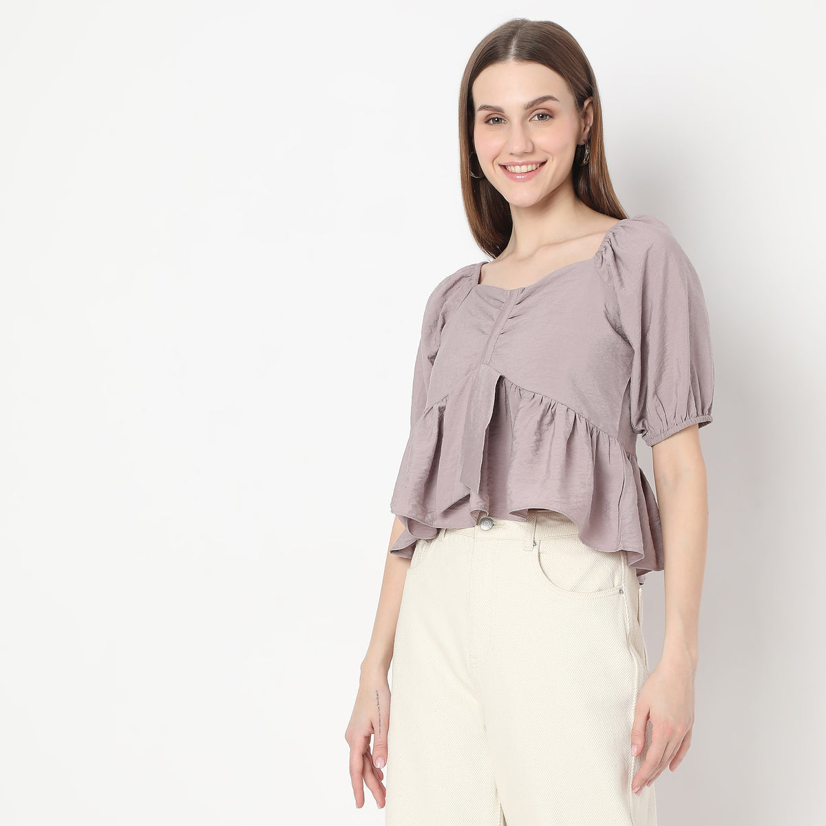 Sweetheart Neck Back Ruched Smocking Peplum Top