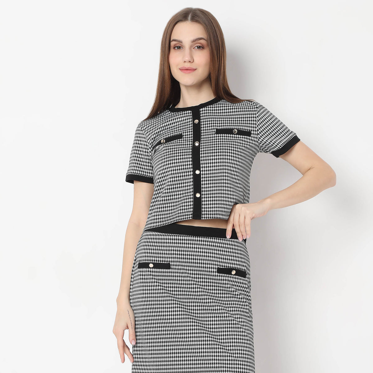 Houndstooth Checkered Front Pocket with Button Detailing Crop Top