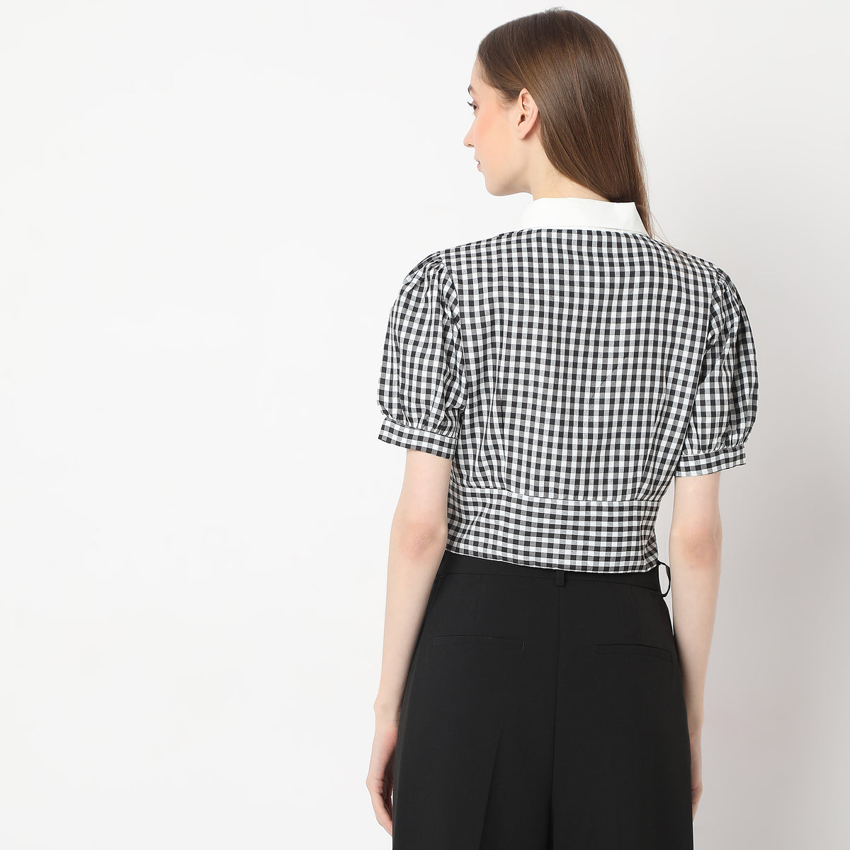 Checkered Gingham White Collar Puff Sleeve Crop Top