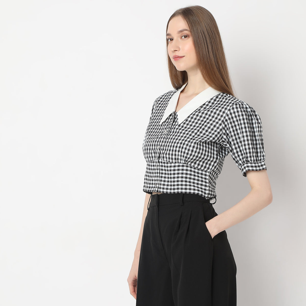 Checkered Gingham White Collar Puff Sleeve Crop Top