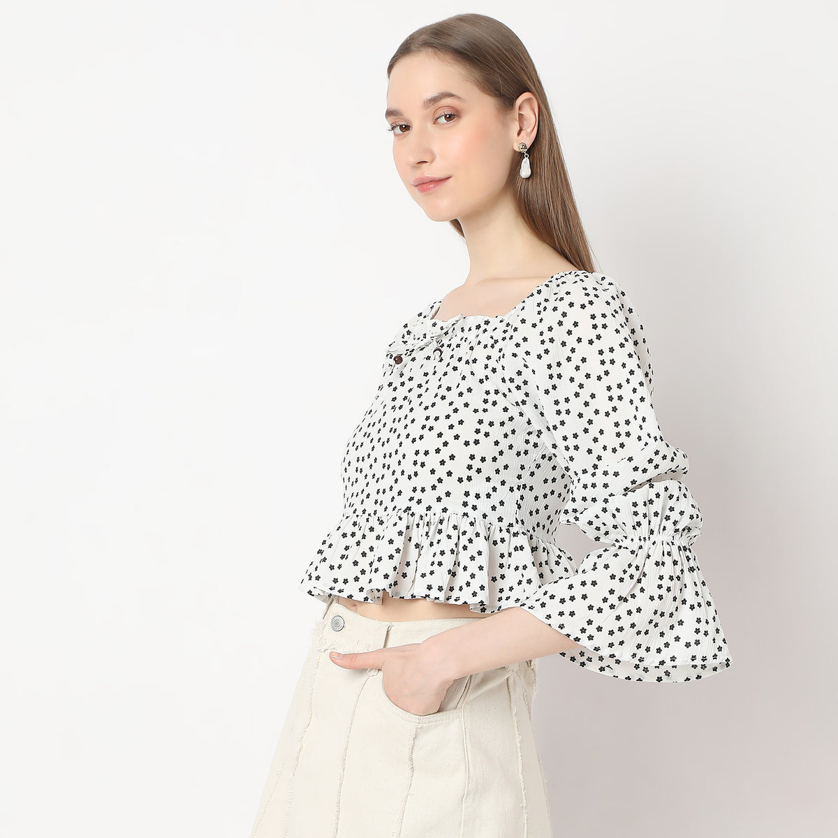 Floral Print Square Neck Poet Style Sleeve Crop Top