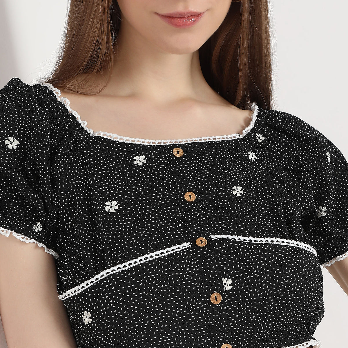 Printed Cropped Puff Sleeve Smock Crop Top