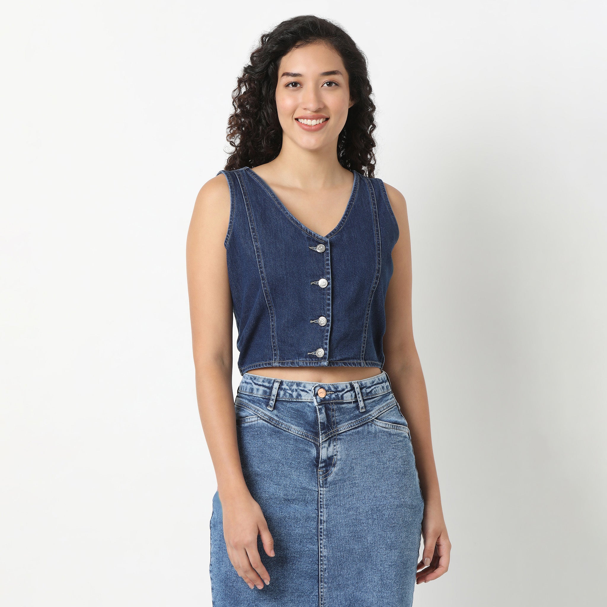 Denim Basic Waistcoat with Metal Button Closure