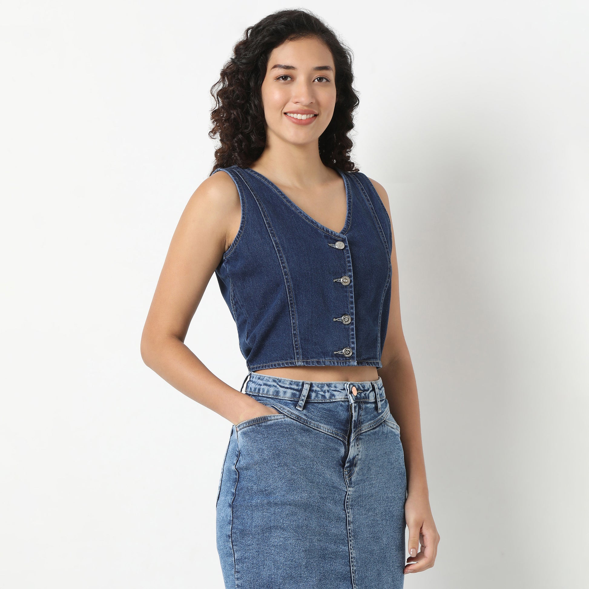 Denim Basic Waistcoat with Metal Button Closure