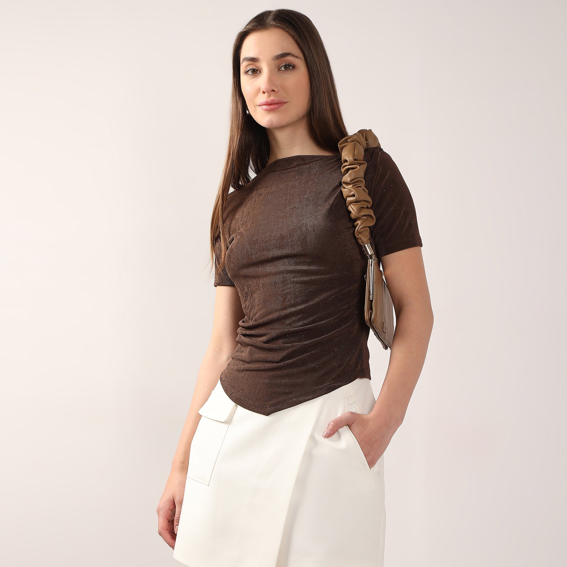 Cowl Neck Short Sleeve Asymmetrical Hemline Party Top