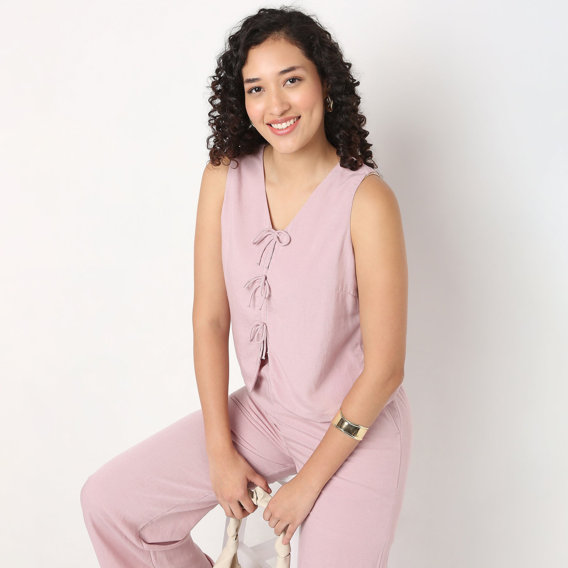 V-Neck Top With Front Tie-Up Detail