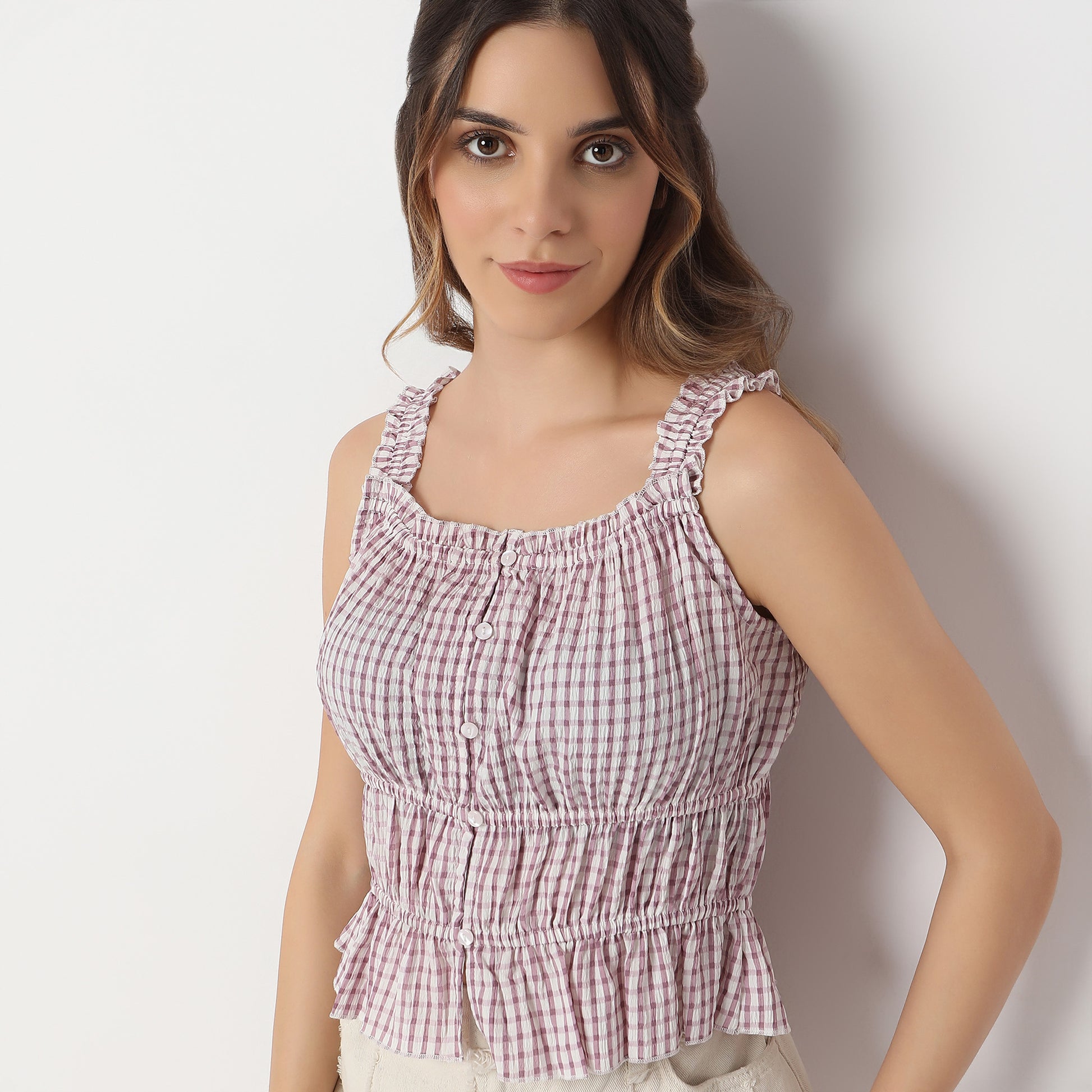 Checkered Square Neck Betty Sleeveless Top