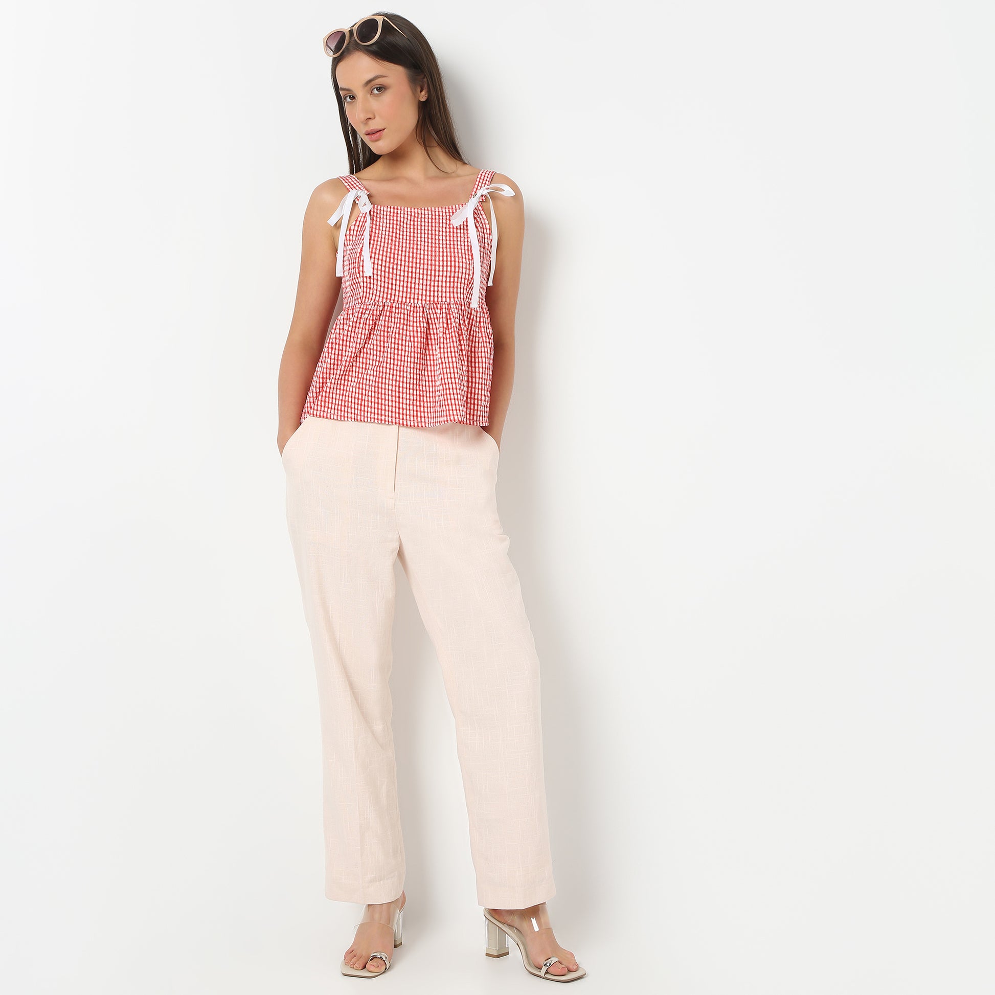 Women Square Neck Sleeveless Checkered Flare Fit Top