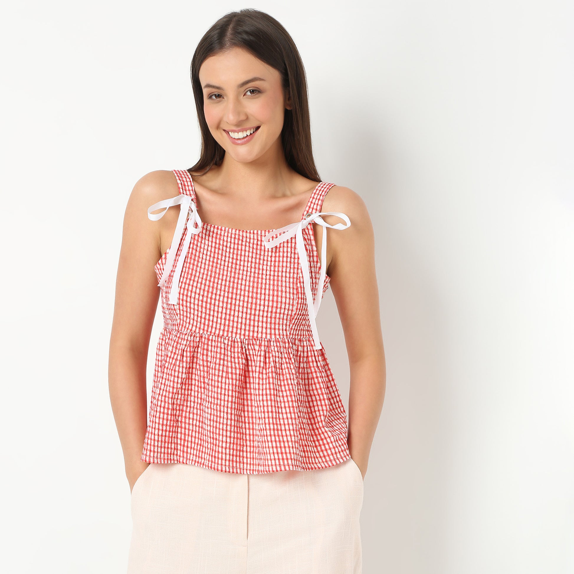 Women Square Neck Sleeveless Checkered Flare Fit Top