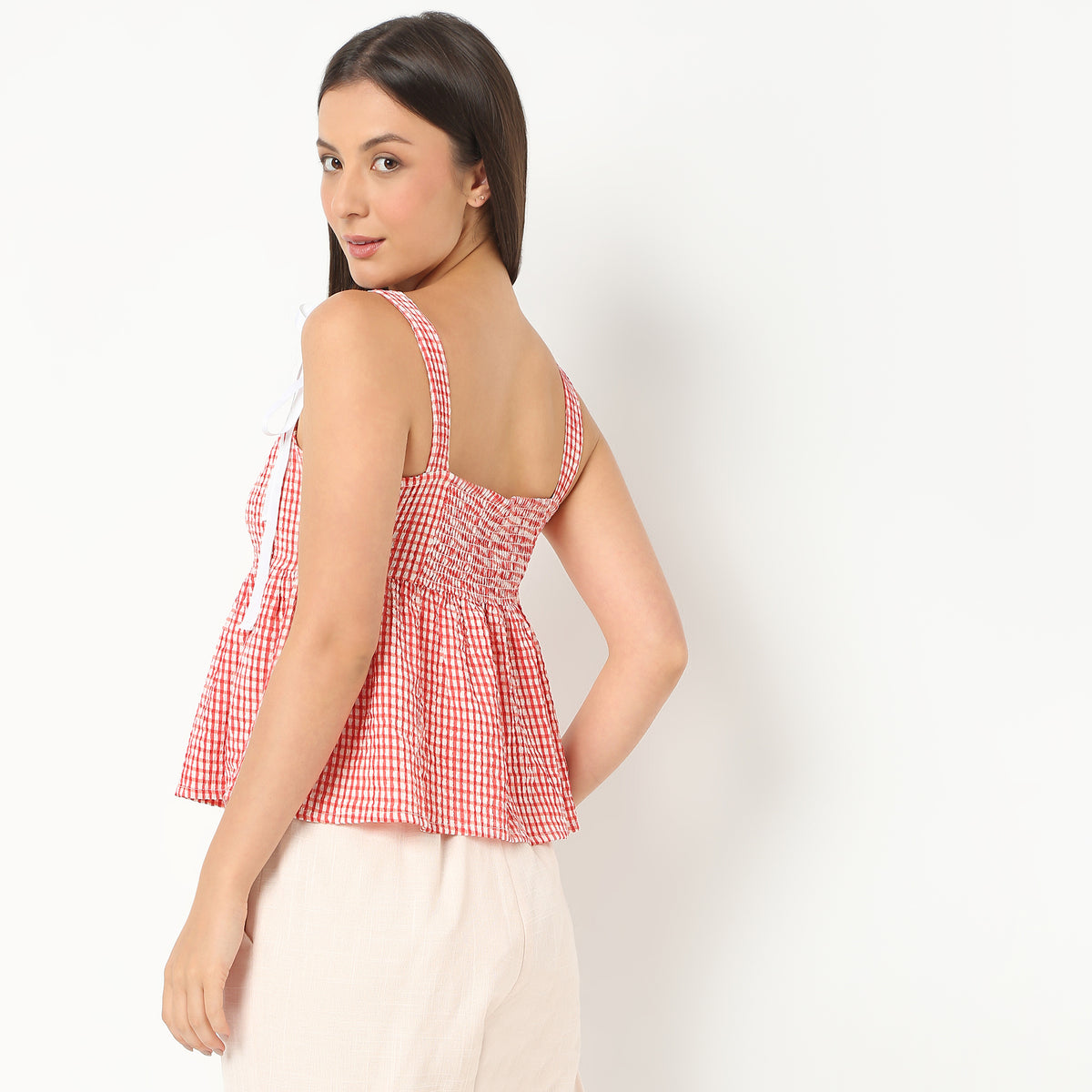 Women Square Neck Sleeveless Checkered Flare Fit Top
