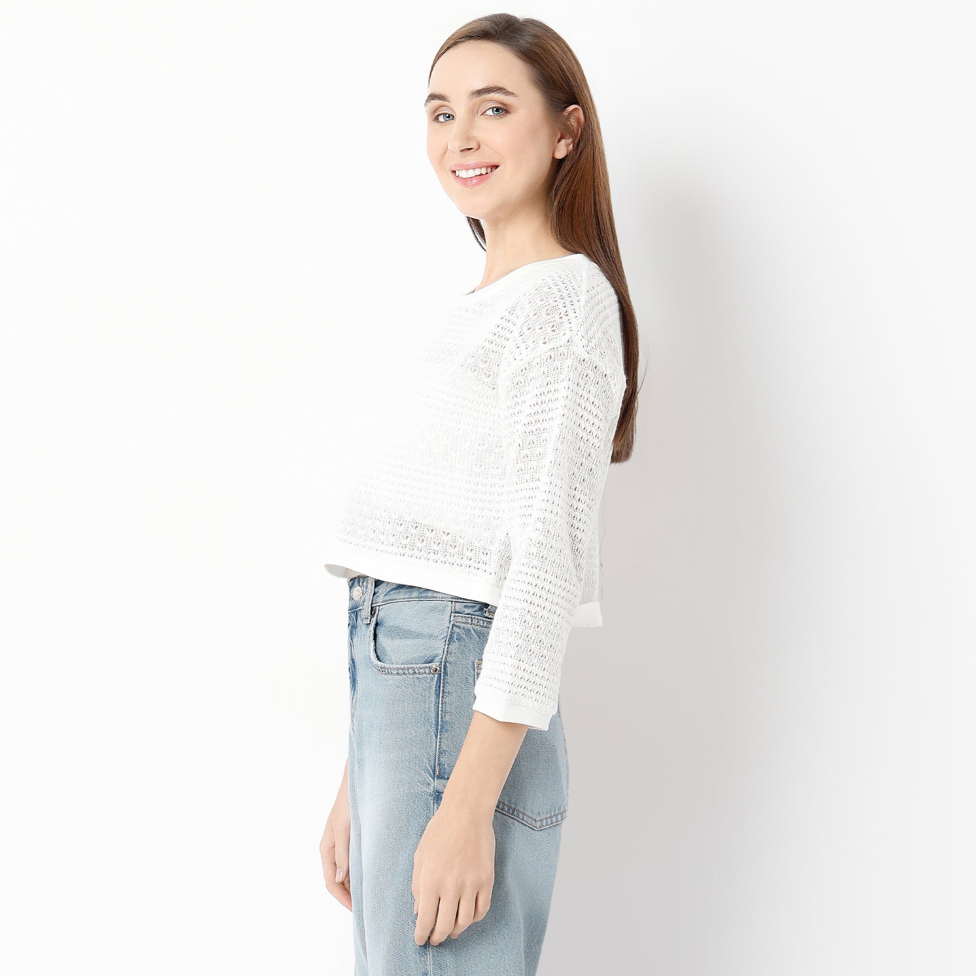 Boxy Fit Solid Round Neck Top