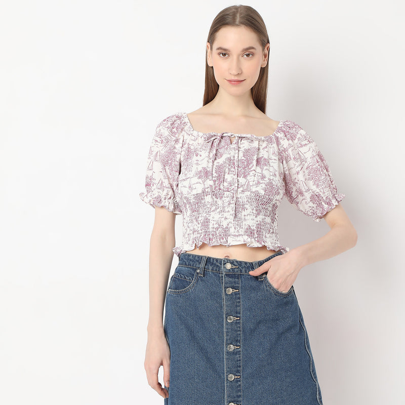 Printed Scoop Neck Ruched Trendy Crop Top