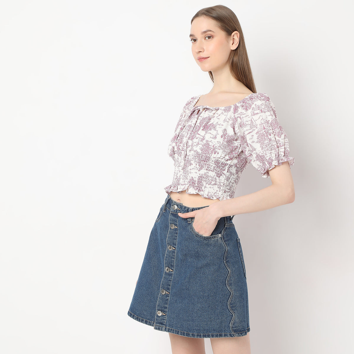 Printed Scoop Neck Ruched Trendy Crop Top