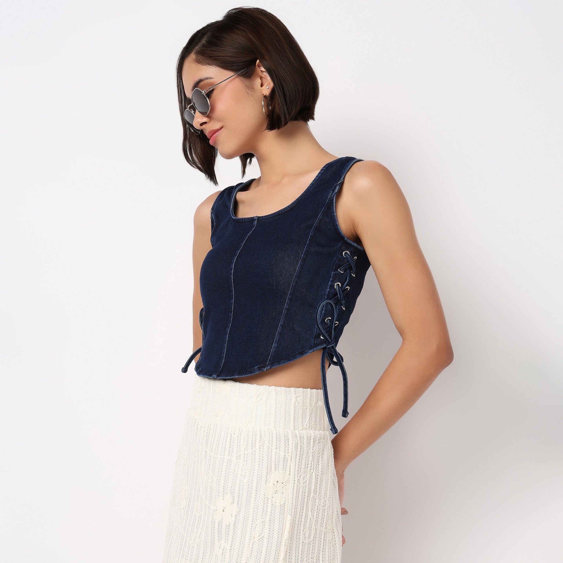 Denim Knit Top With Side Cross Strap Look