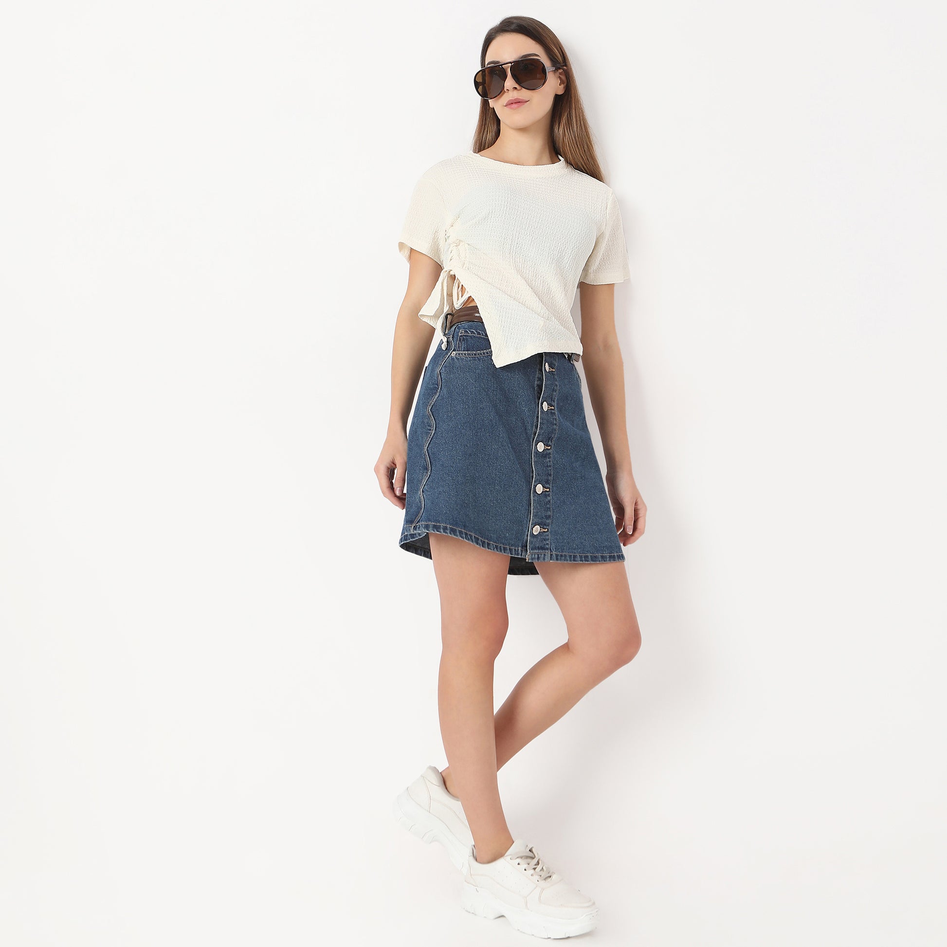 Regular Fit Solid Cropped Betty Short Sleeve Top with Ruching