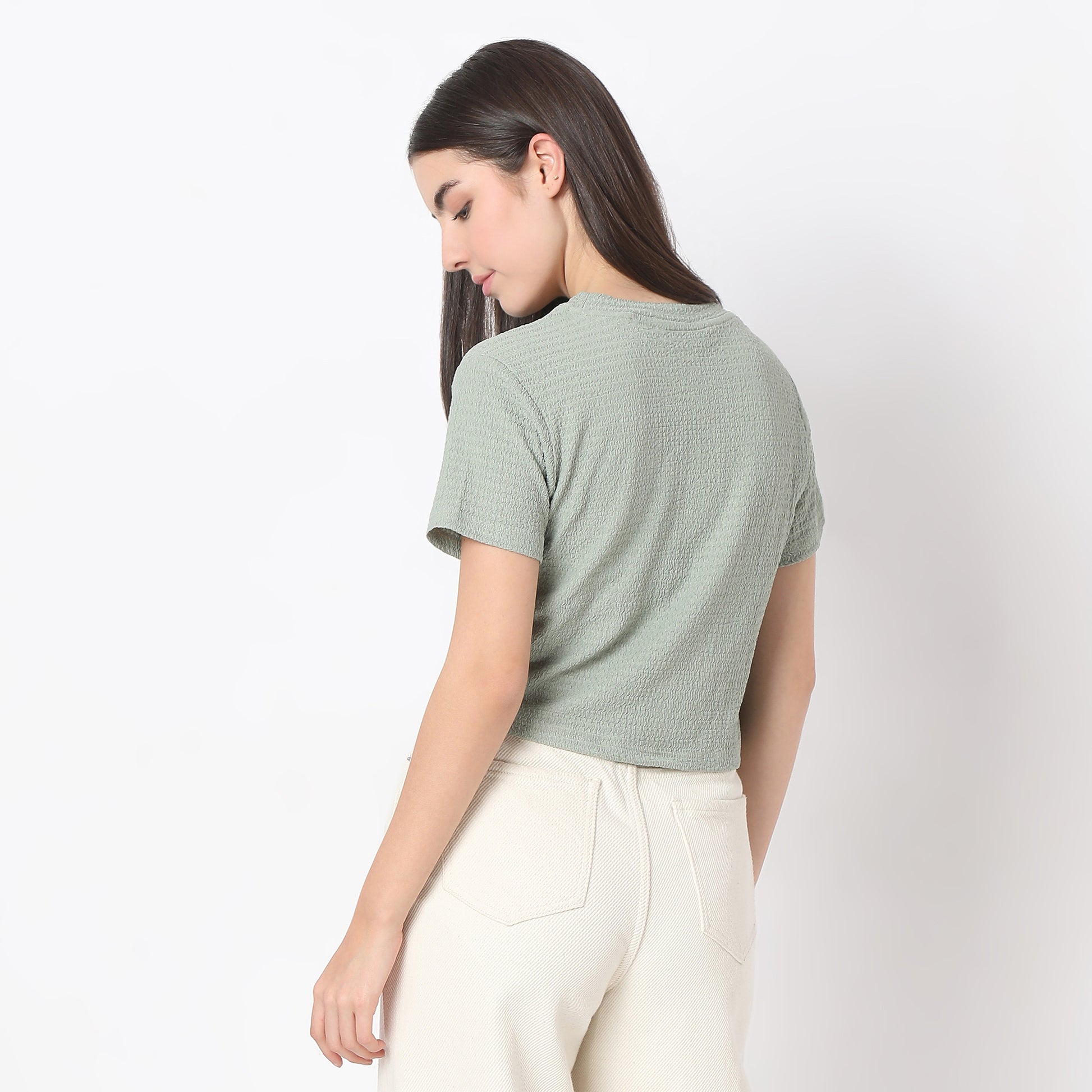 Regular Fit Solid Cropped Betty Short Sleeve Top with Ruching