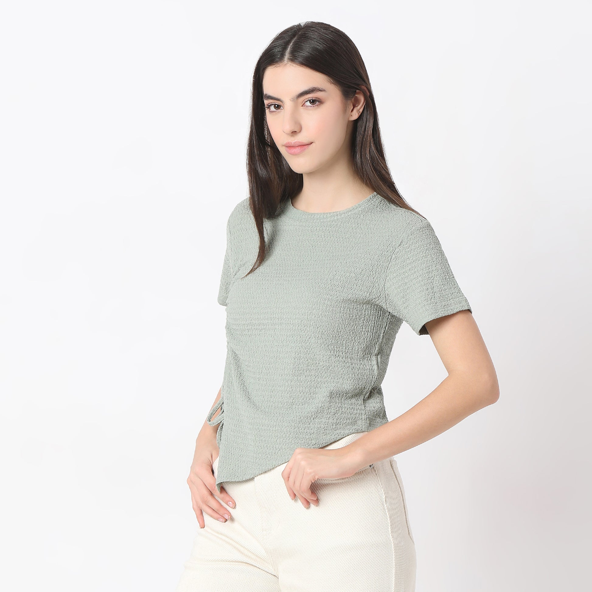 Regular Fit Solid Cropped Betty Short Sleeve Top with Ruching