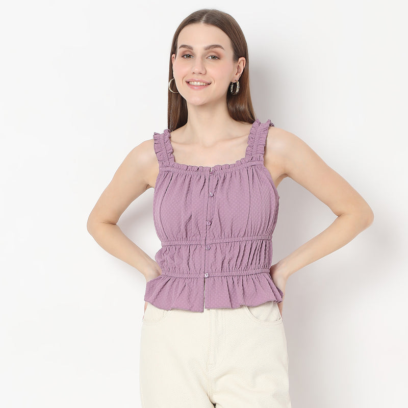 Textured Ruffled Shoulder Straps Betty Smocked Top