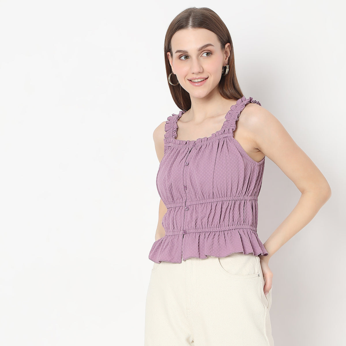 Textured Ruffled Shoulder Straps Betty Smocked Top