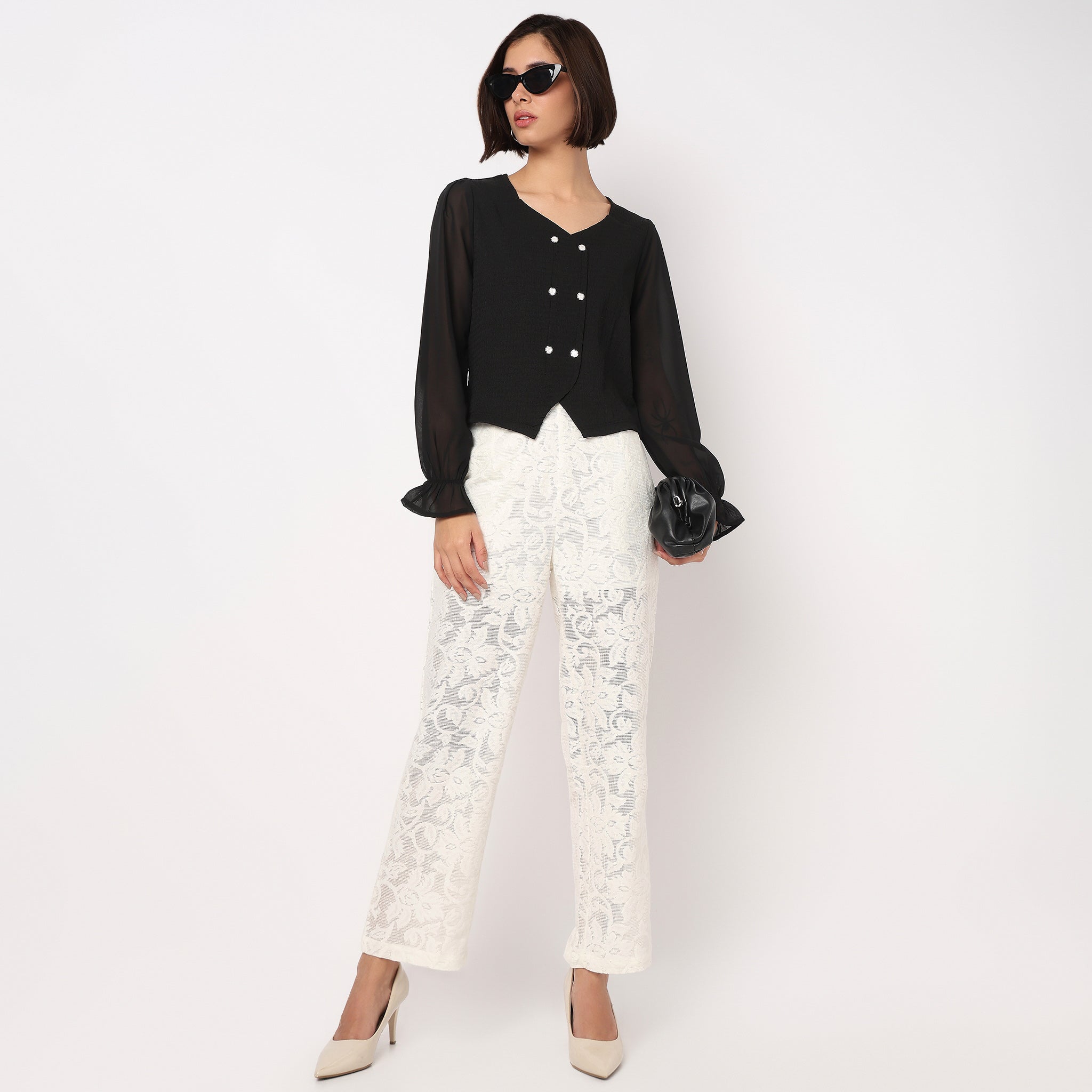 V-Neck Double Breasted Top With Korean Buttons