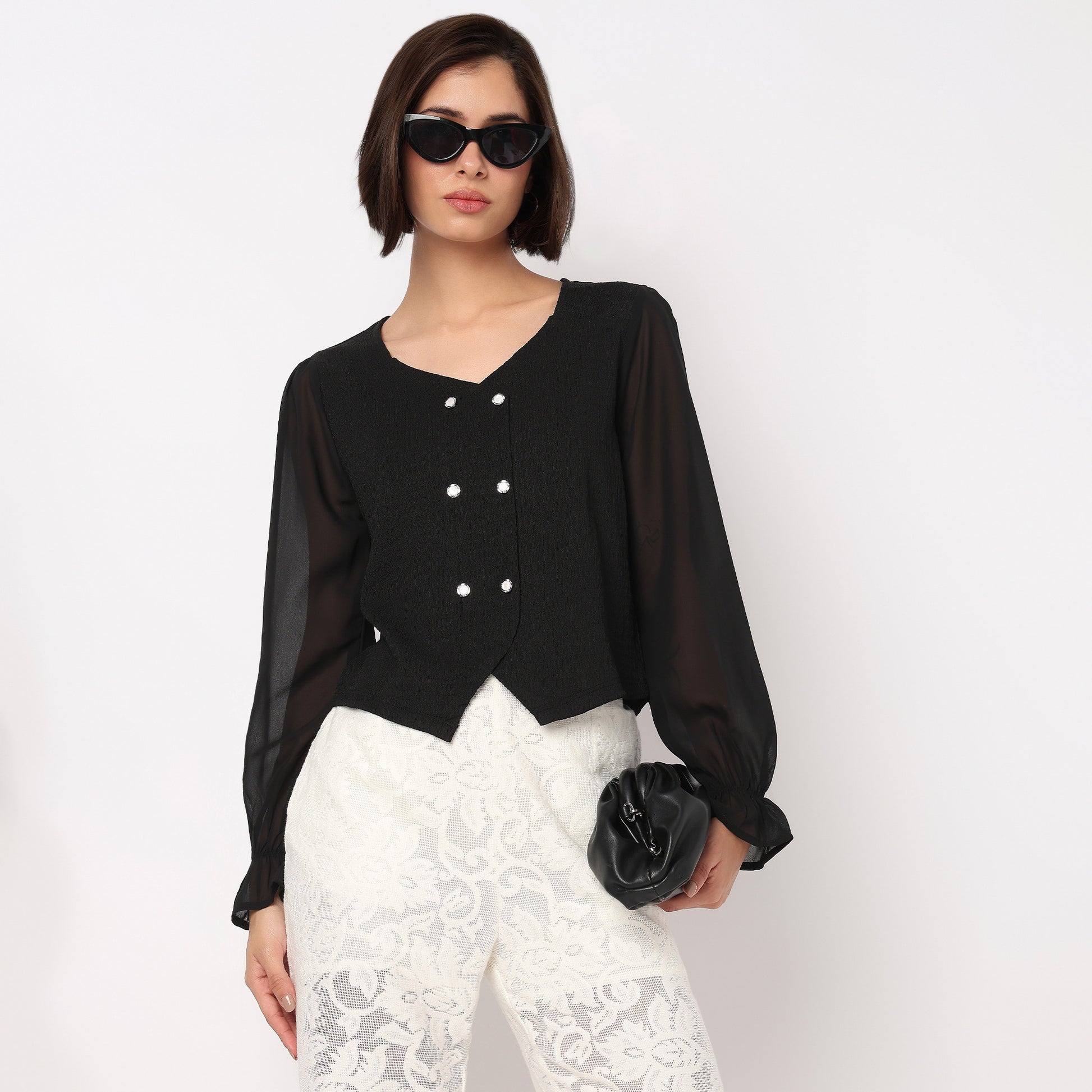 V-Neck Double Breasted Top With Korean Buttons