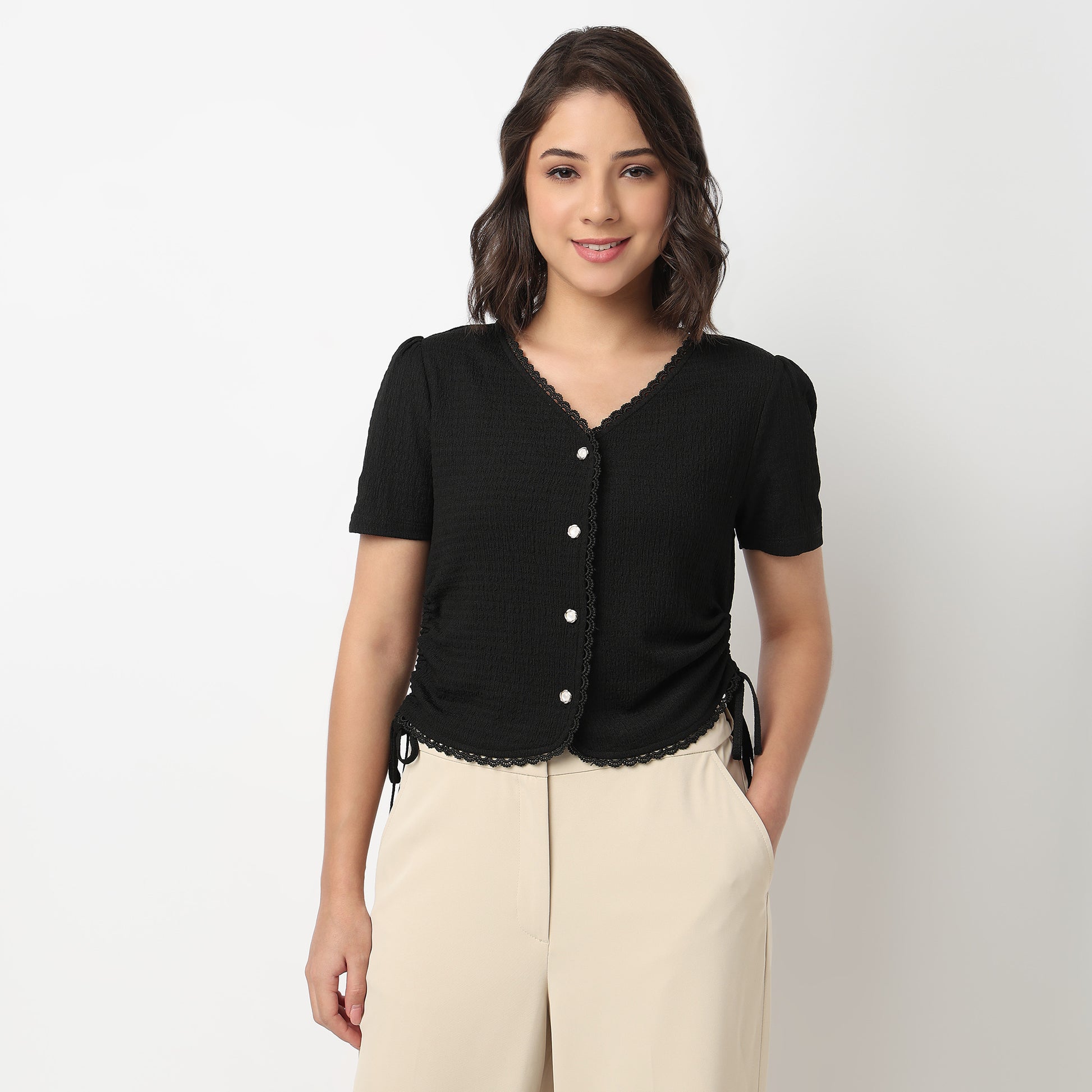 V-Neck Top With Front Button Opening And Side Ruching