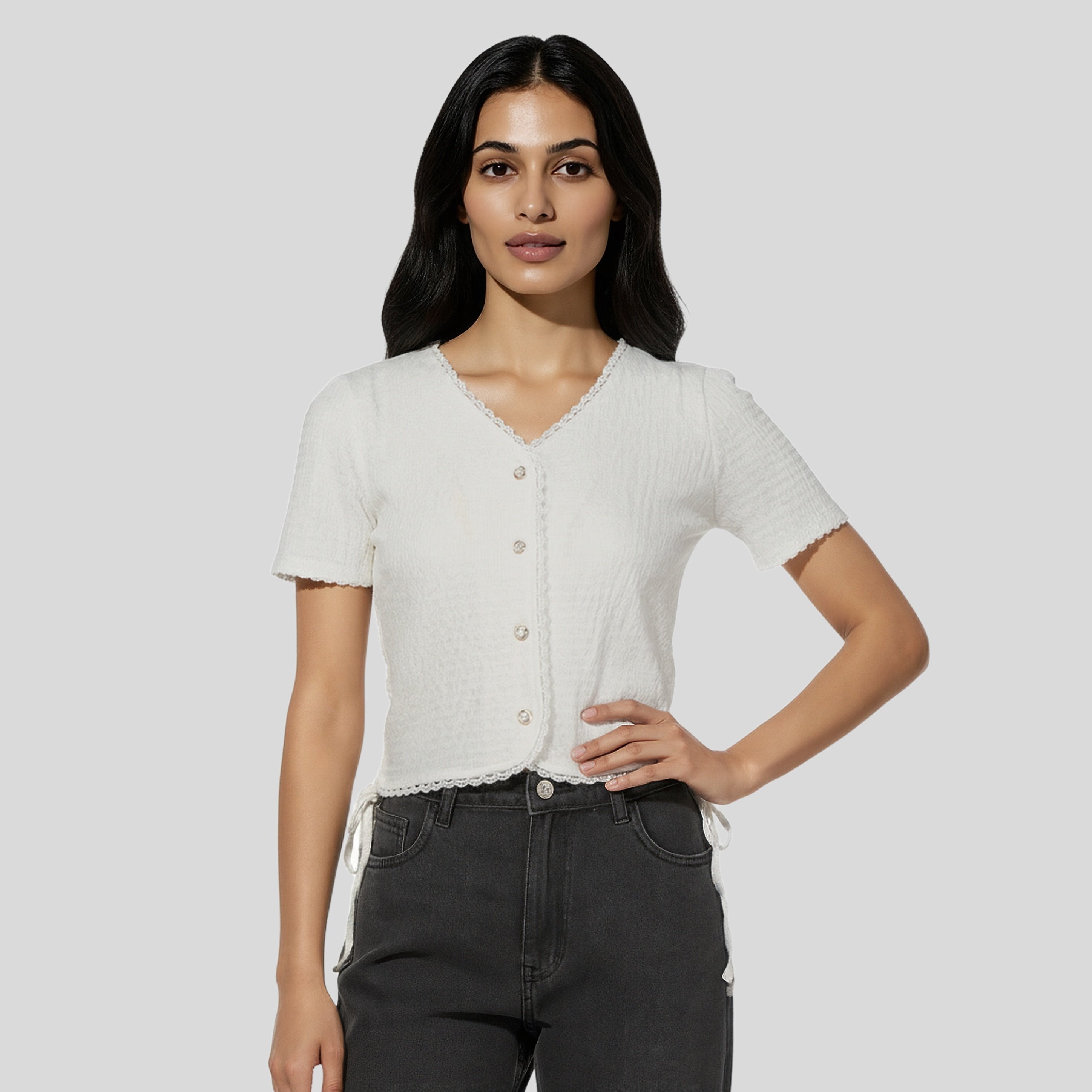 V-Neck Top With Front Button Opening And Side Ruching