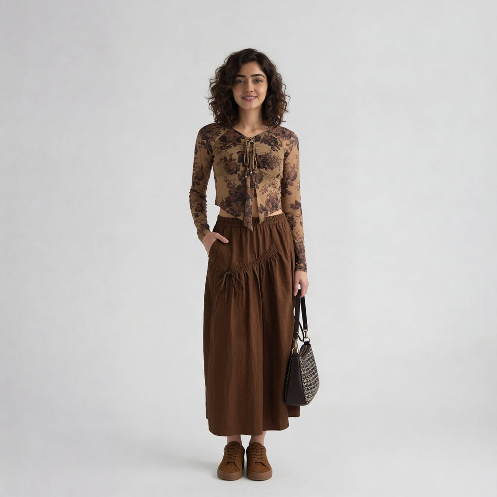 V-Neck Full Sleeves Asymmetrical Crop Top