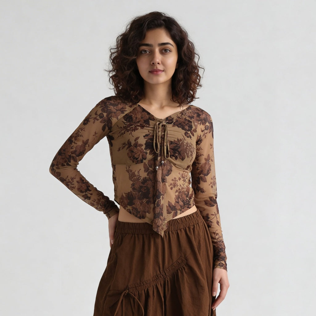 V-Neck Full Sleeves Asymmetrical Crop Top