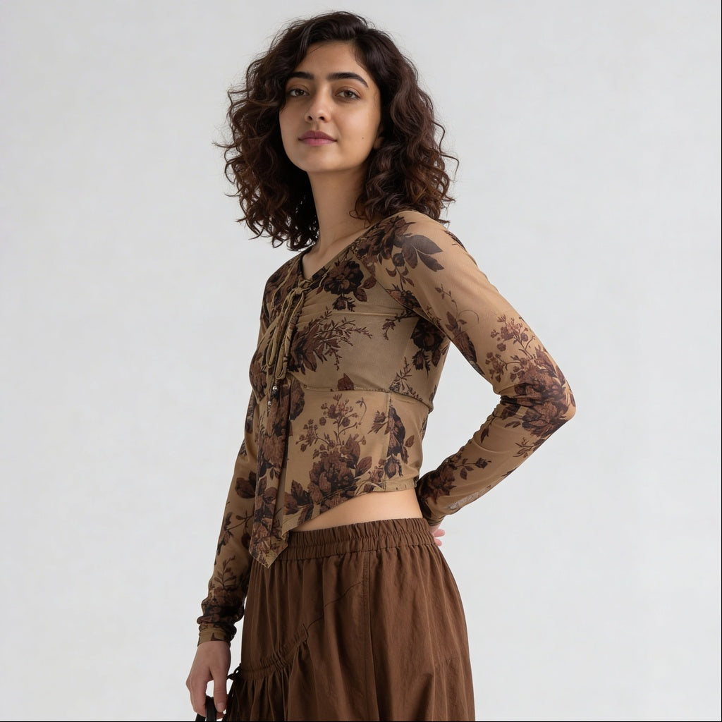 V-Neck Full Sleeves Asymmetrical Crop Top