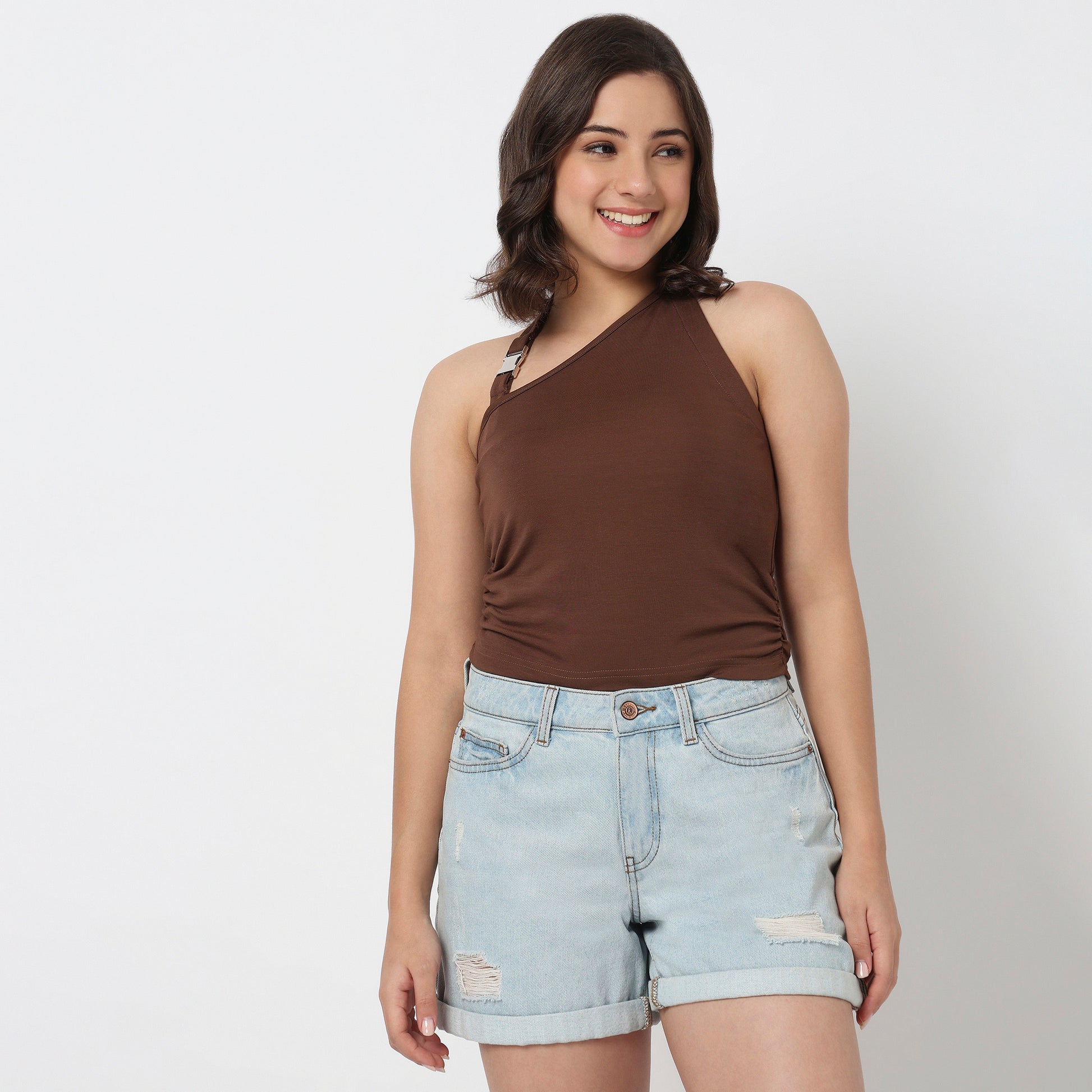 Cropped One Shoulder Ruched Top With Metal Adjuster
