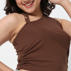 Cropped One Shoulder Ruched Top With Metal Adjuster