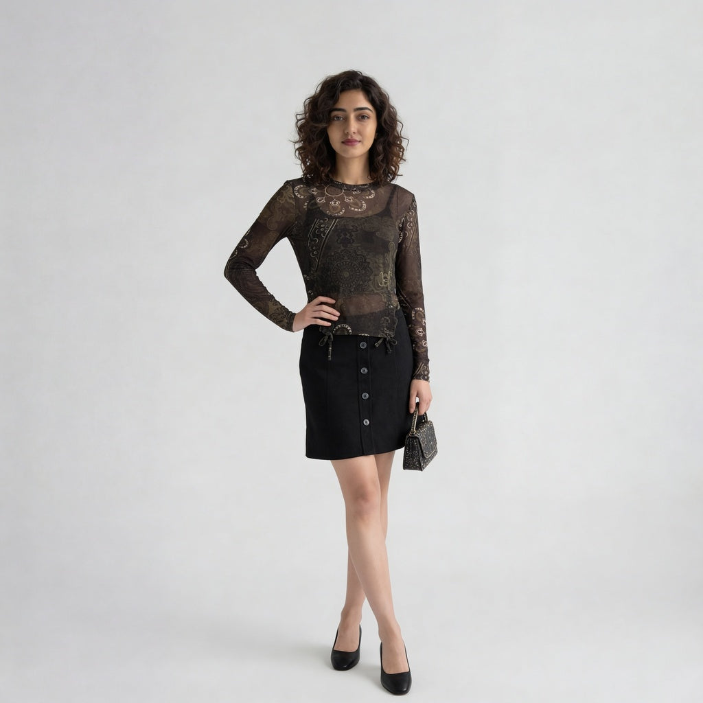 Floral Mesh Top With Ruching At Sides