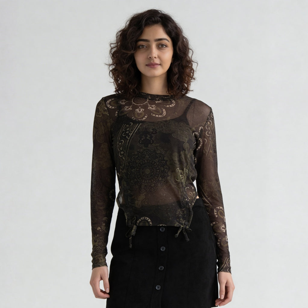 Floral Mesh Top With Ruching At Sides