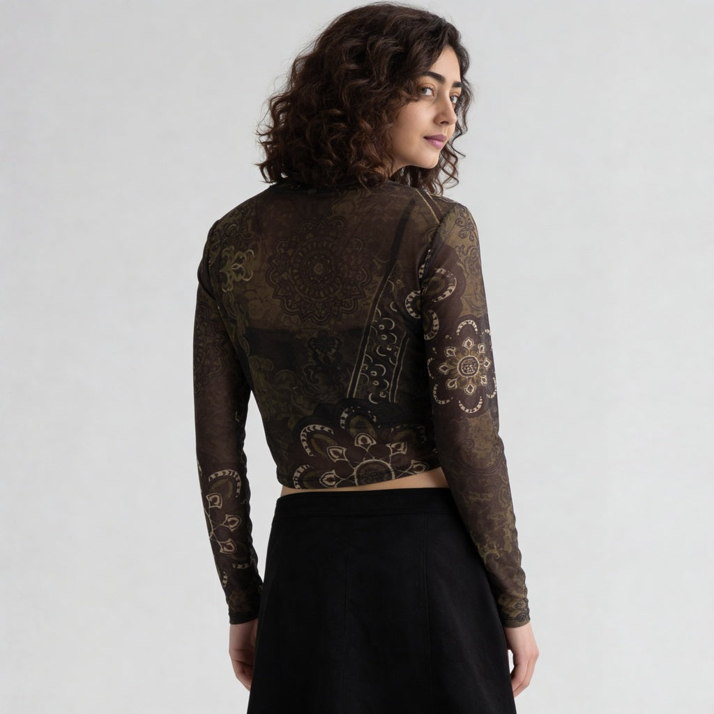 Floral Mesh Top With Ruching At Sides