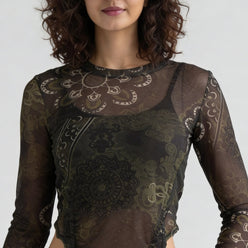 Floral Mesh Top With Ruching At Sides
