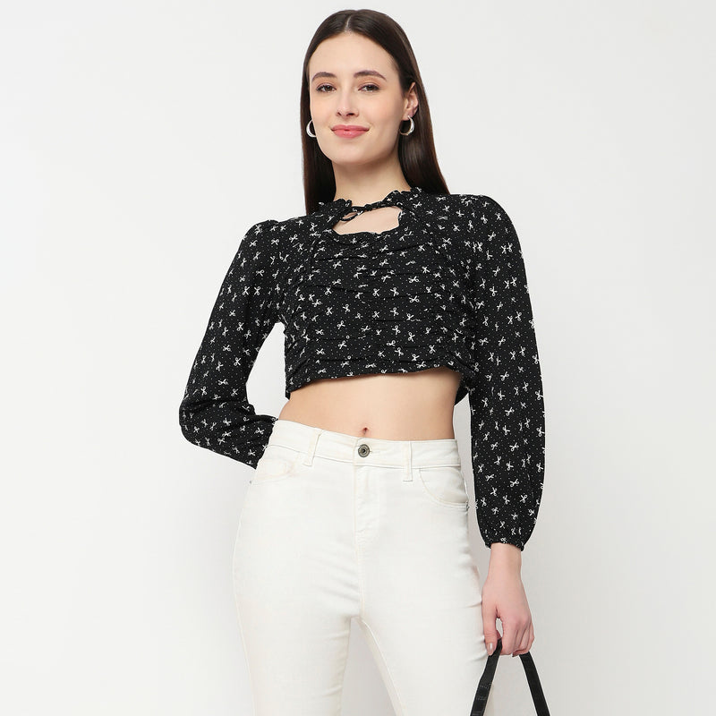 Bow Print Tie-Up Neck Crop Top