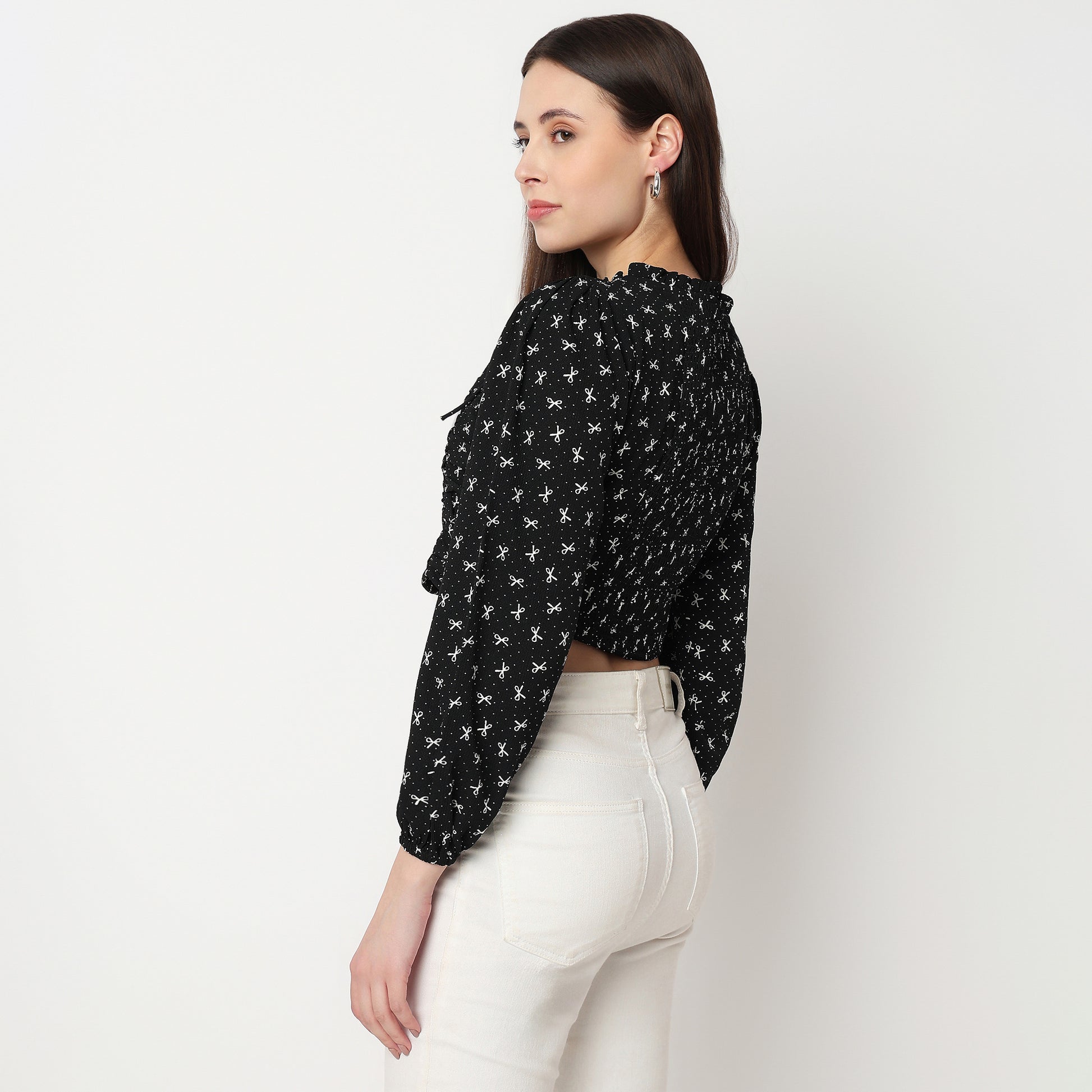 Bow Print Tie-Up Neck Crop Top