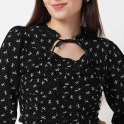 Bow Print Tie-Up Neck Crop Top