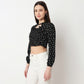 Bow Print Tie-Up Neck Crop Top
