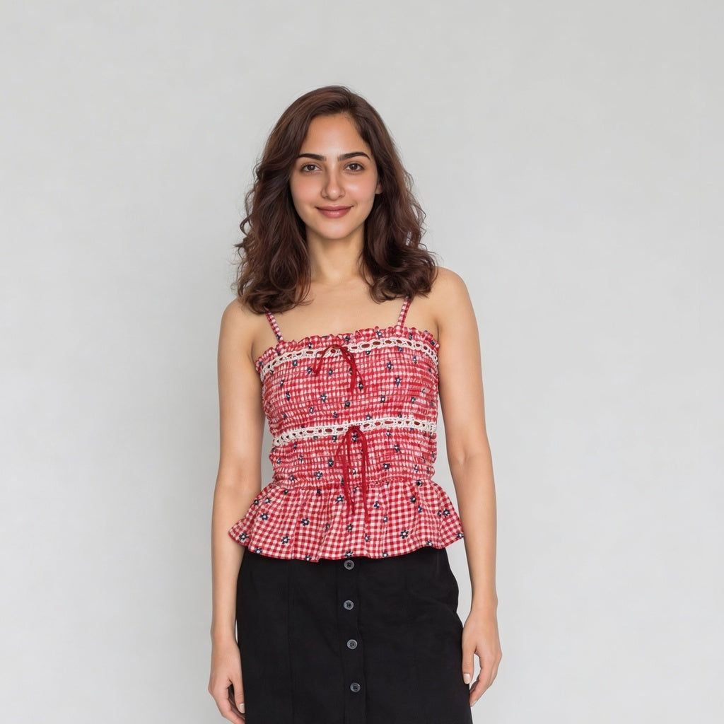 Checkered Slim Fit Top With Satin Lace Detail
