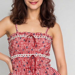 Checkered Slim Fit Top With Satin Lace Detail