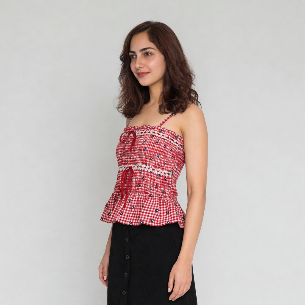 Checkered Slim Fit Top With Satin Lace Detail