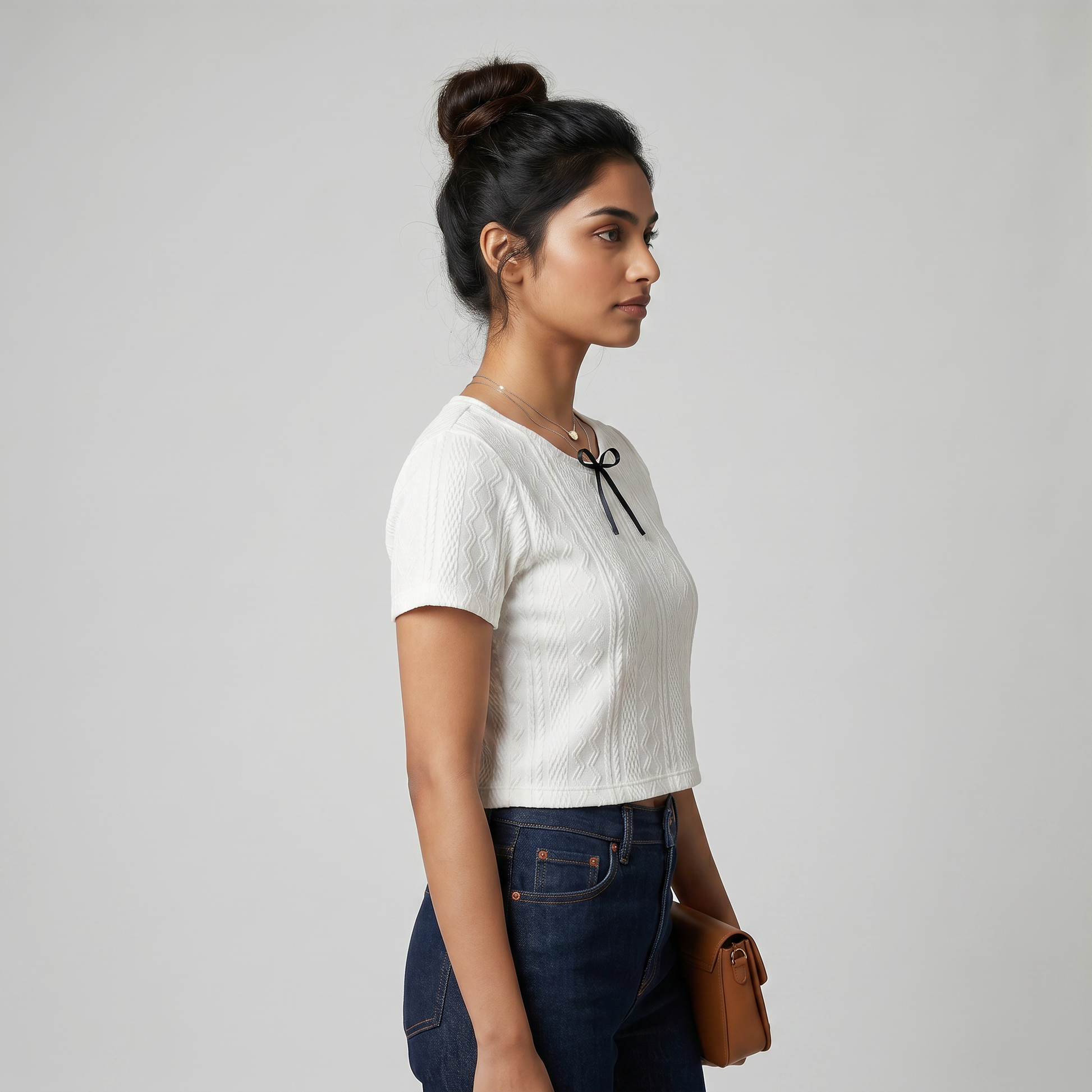 Slim Fit Structured Knit Top With Bow Detail