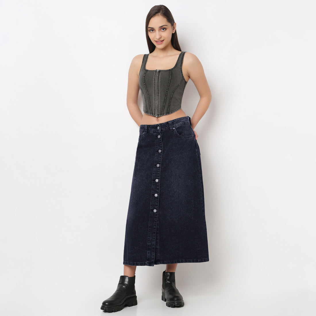 Versatile Print Denim Crop Top