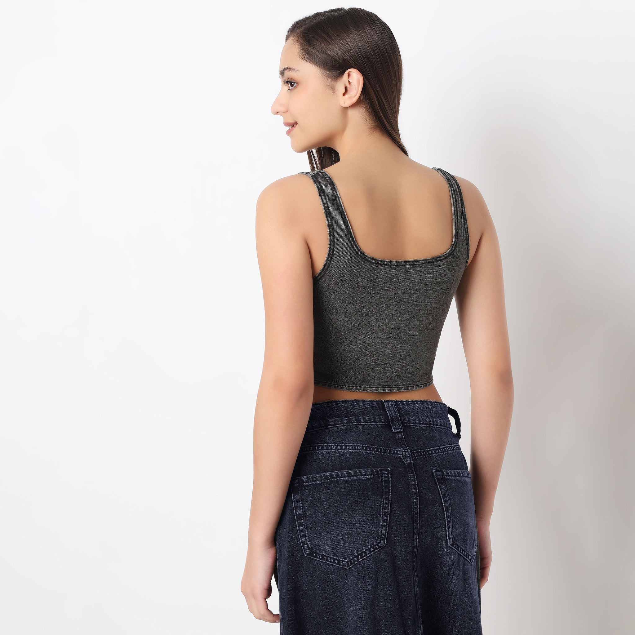 Versatile Print Denim Crop Top