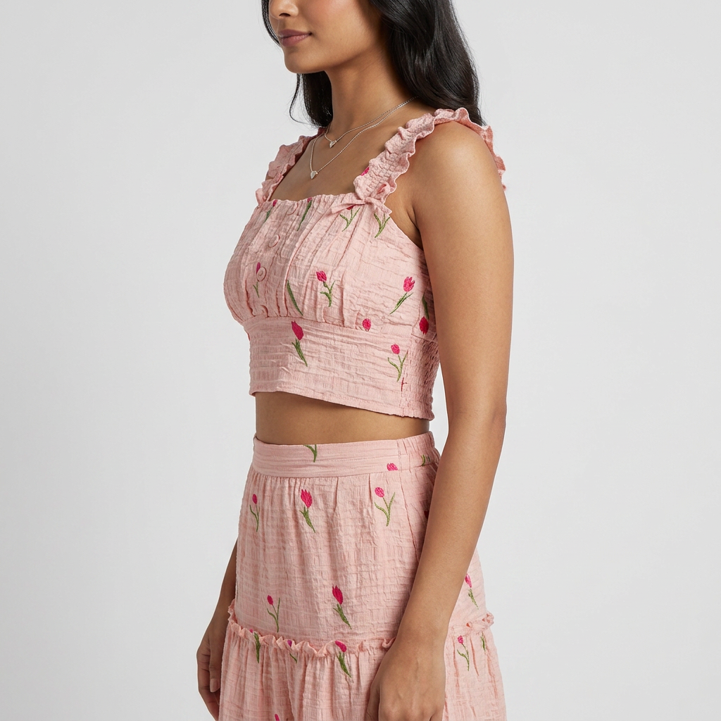 Embroidered Shoulder Straps Sleeve Slim Top