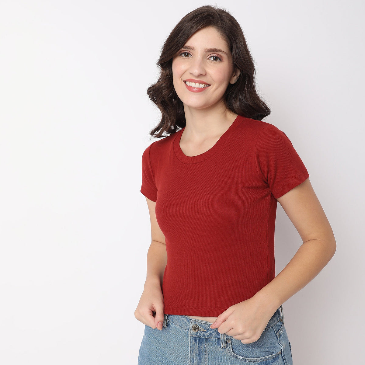 Women Wearing Slim Fit Solid T-Shirt