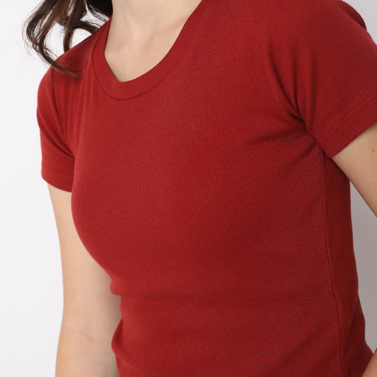 Women Wearing Slim Fit Solid T-Shirt